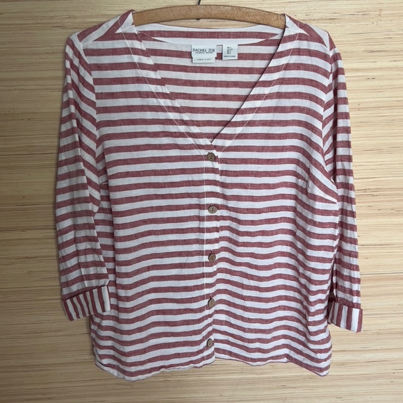 Rachel Zoe 100% linen top size S small striped wooden buttons v-ceck beachy boho - Picture 2 of 7